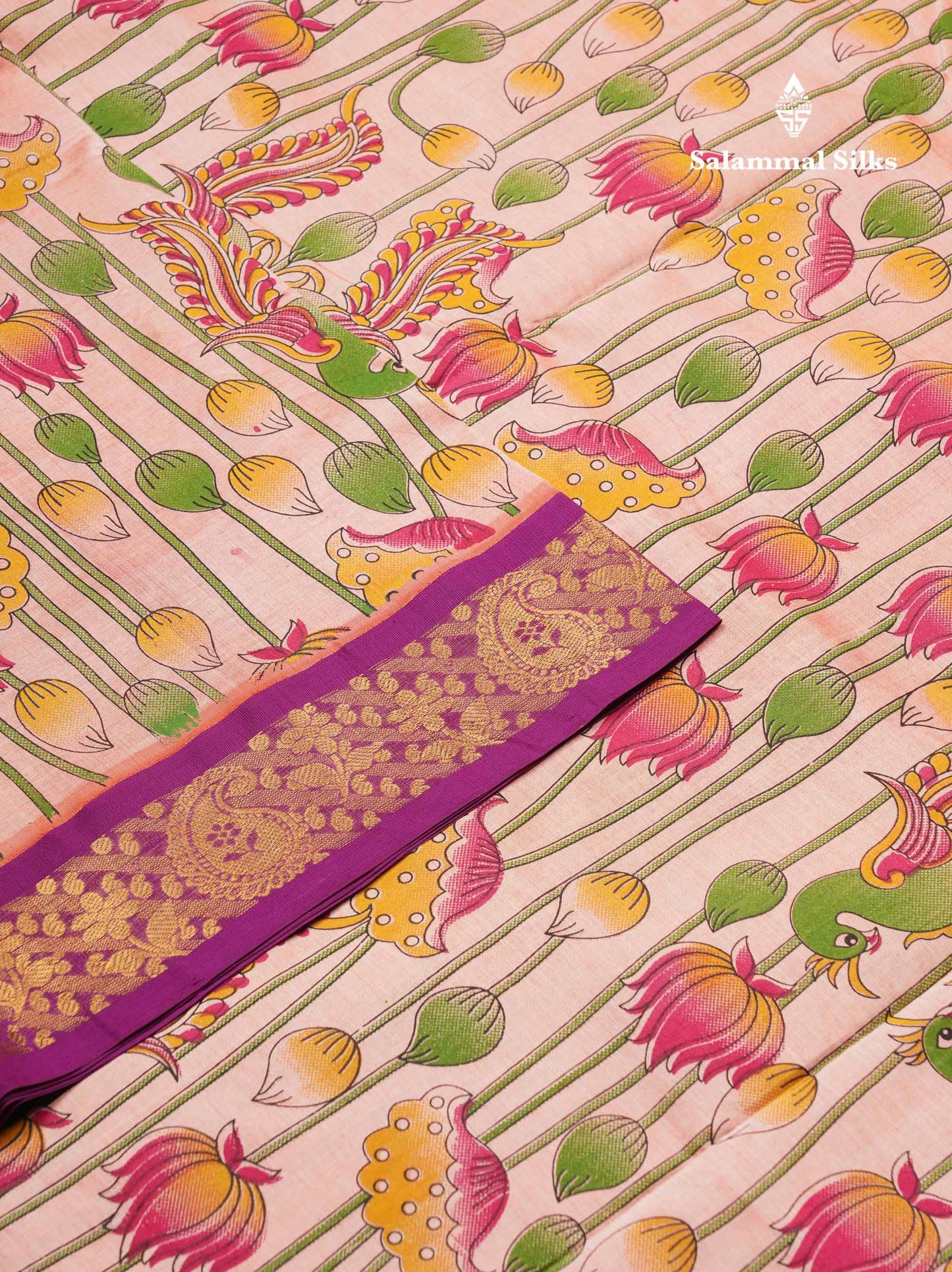 Peach Pink Pichwai Print Semi Silk Cotton Saree With Contrast Vadamalli Border