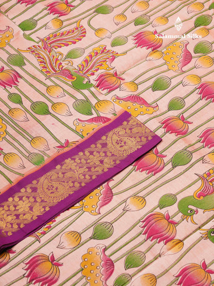 Peach Pink Pichwai Print Semi Silk Cotton Saree With Contrast Vadamalli Border