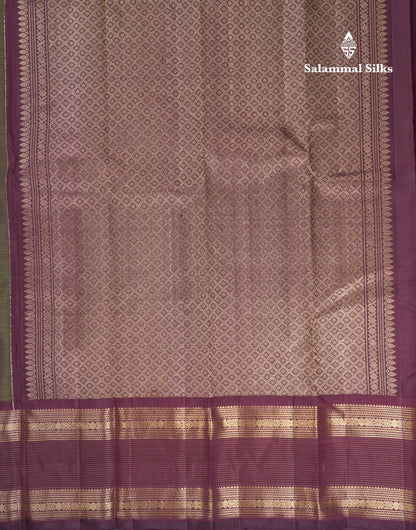 Beautiful Olive Green Pure Kanjivaram Silk Saree With Contrast Dual Tone Magenta Traditional Border