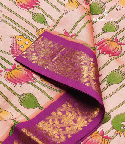 Peach Pink Pichwai Print Semi Silk Cotton Saree With Contrast Vadamalli Border