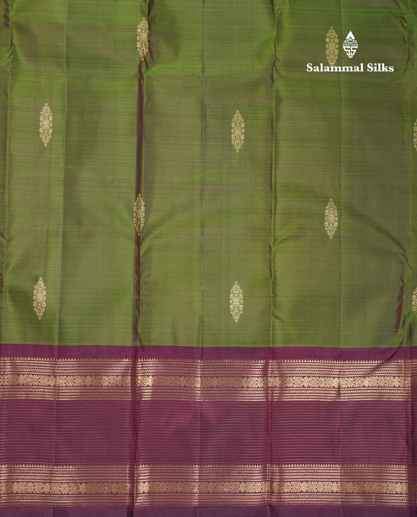 Beautiful Olive Green Pure Kanjivaram Silk Saree With Contrast Dual Tone Magenta Traditional Border
