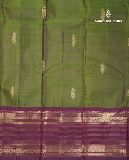 Beautiful Olive Green Pure Kanjivaram Silk Saree With Contrast Dual Tone Magenta Traditional Border