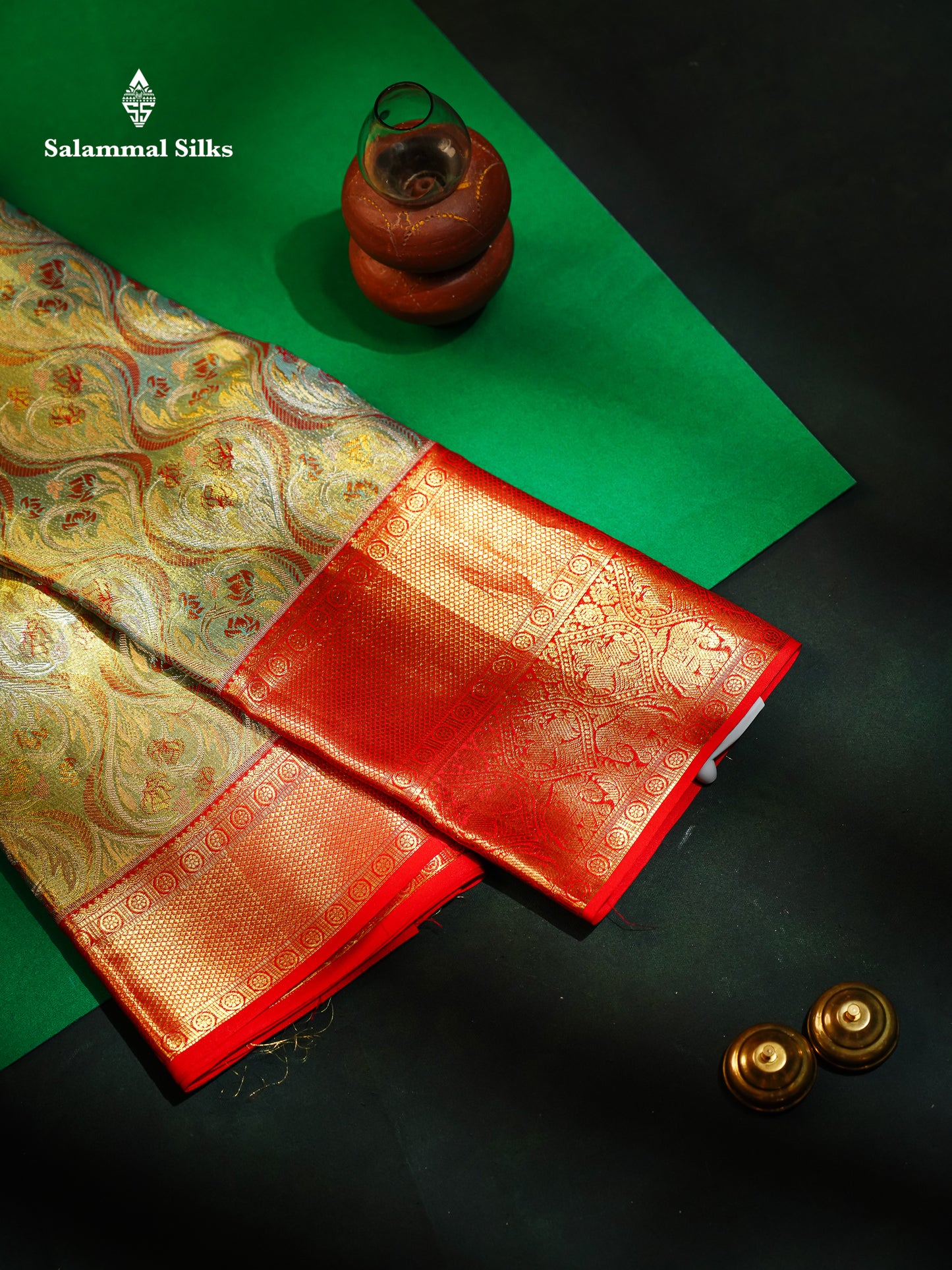 Beautiful Sapphire Green Tissue Bridal Pure Kanjivaram Silk Saree With Contrast Chilly Red Traditional Evening Morning Border