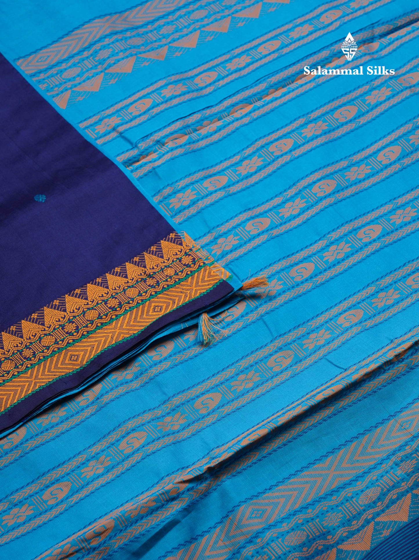 Beautiful Navy Blue Thread Work Buttas Semi Silk Cotton Saree With Yellow Thread Border