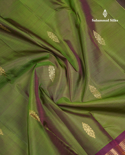Beautiful Olive Green Pure Kanjivaram Silk Saree With Contrast Dual Tone Magenta Traditional Border