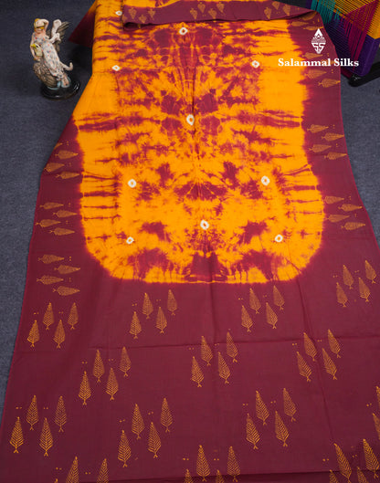 Mango Yellow Batik Print Sungudi Pure Cotton Saree With Contrast Maroon Border
