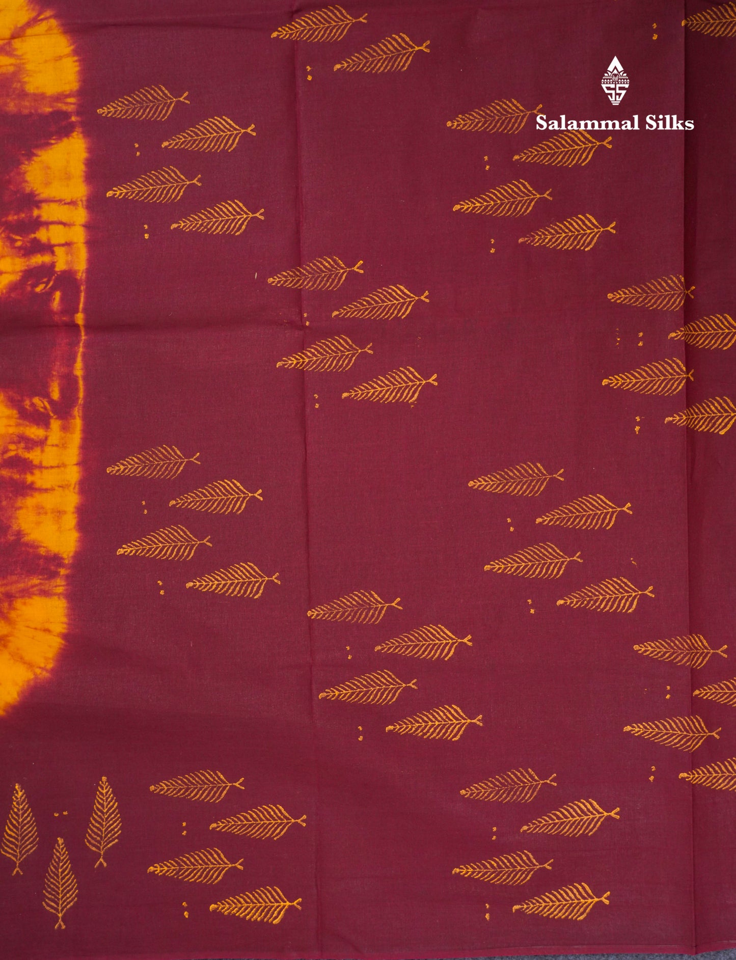Mango Yellow Batik Print Sungudi Pure Cotton Saree With Contrast Maroon Border