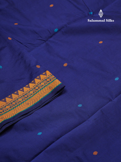 Beautiful Navy Blue Thread Work Buttas Semi Silk Cotton Saree With Yellow Thread Border