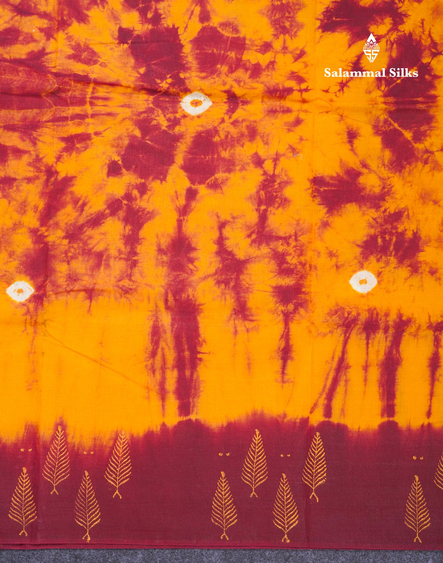 Mango Yellow Batik Print Sungudi Pure Cotton Saree With Contrast Maroon Border