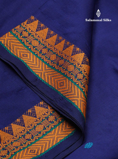 Beautiful Navy Blue Thread Work Buttas Semi Silk Cotton Saree With Yellow Thread Border