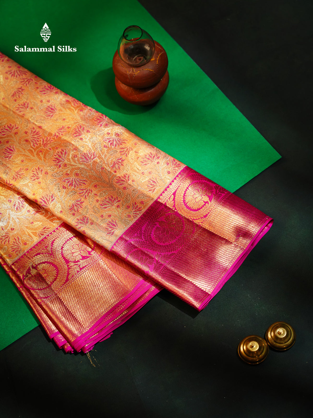 Beautiful Peach Pink Tissue Bridal Menakari Work Pure Kanjivaram Silk Saree With Contrast Magenta Pink Traditional Border