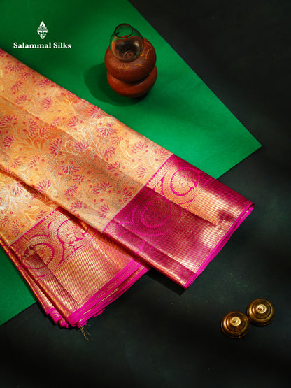 Beautiful Peach Pink Tissue Bridal Menakari Work Pure Kanjivaram Silk Saree With Contrast Magenta Pink Traditional Border