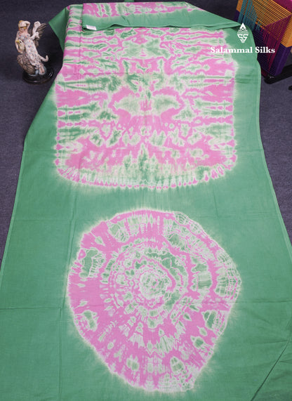 Pink Batik Print Sungudi Pure Cotton Saree With Contrast Light Green Border