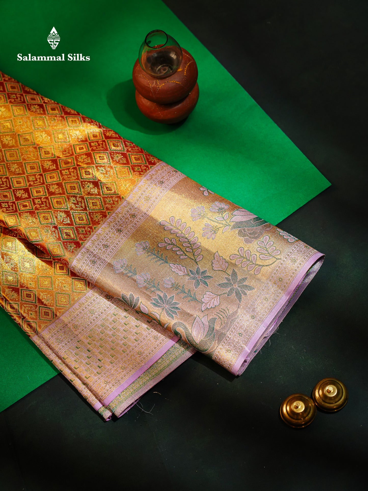 Beautiful Antique Gold Tissue Bridal Pure Kanjivaram Silk Saree With Contrast Soft Lavender Pink Fancy Border