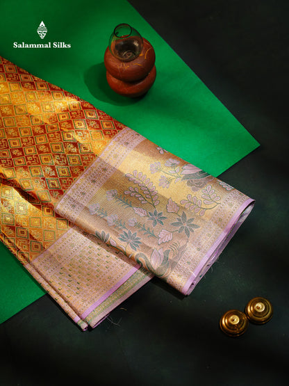 Beautiful Antique Gold Tissue Bridal Pure Kanjivaram Silk Saree With Contrast Soft Lavender Pink Fancy Border