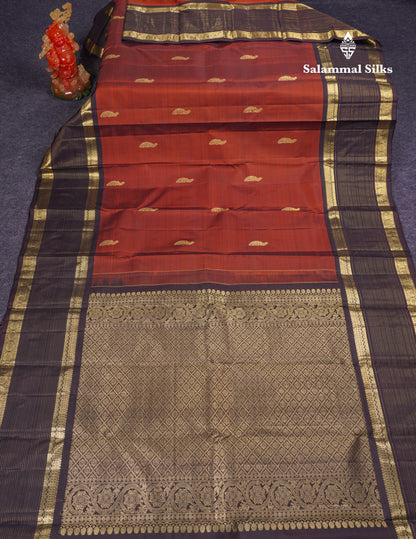 Beautiful Rust Orange Pure Kanjivaram Silk Saree With Contrast Dark Brown Traditional Border