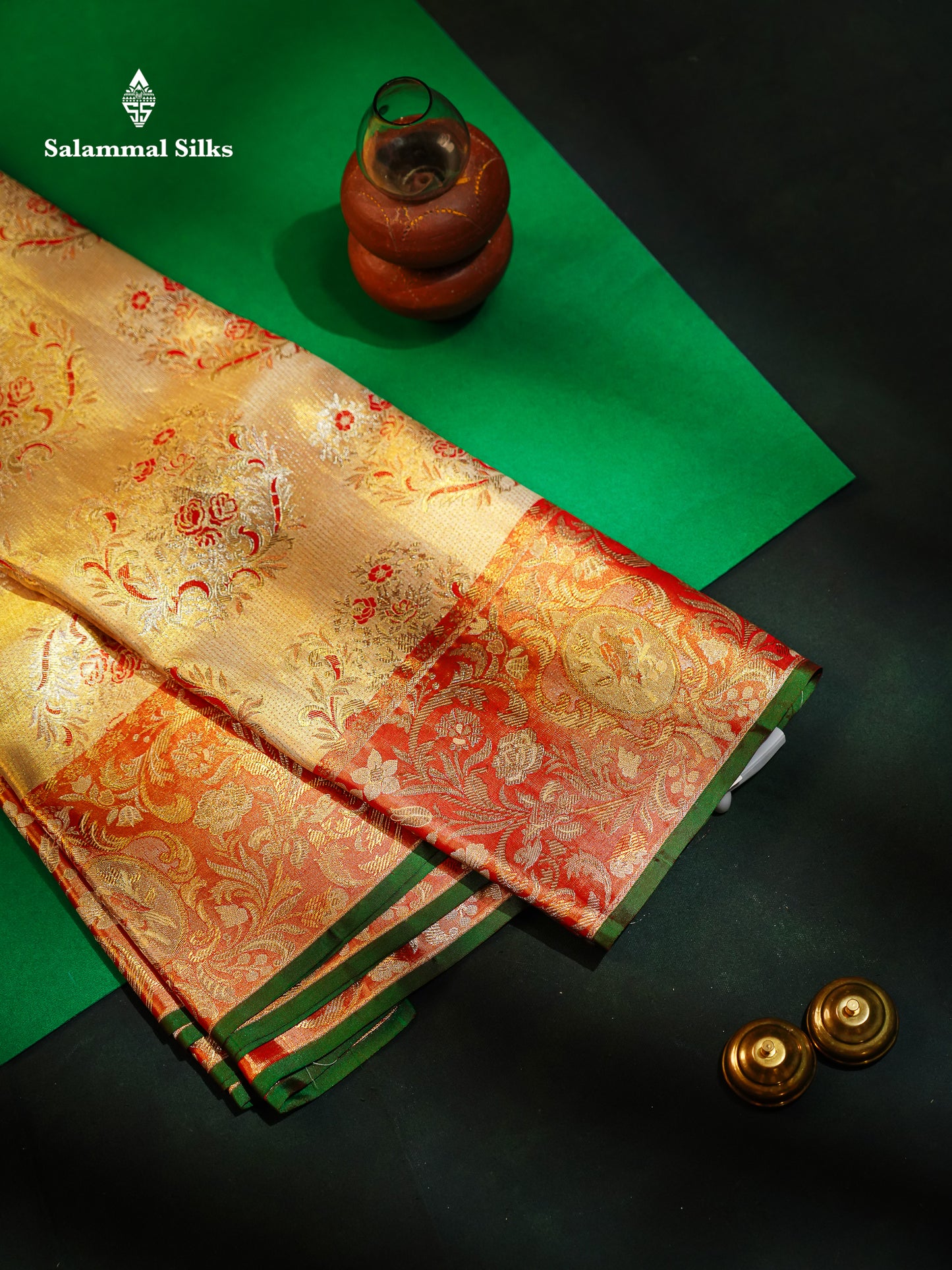 Gold Tissue Bridal Pure Kanjivaram Silk Saree With Contrast Tomato Red Border