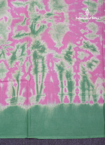Pink Batik Print Sungudi Pure Cotton Saree With Contrast Light Green Border