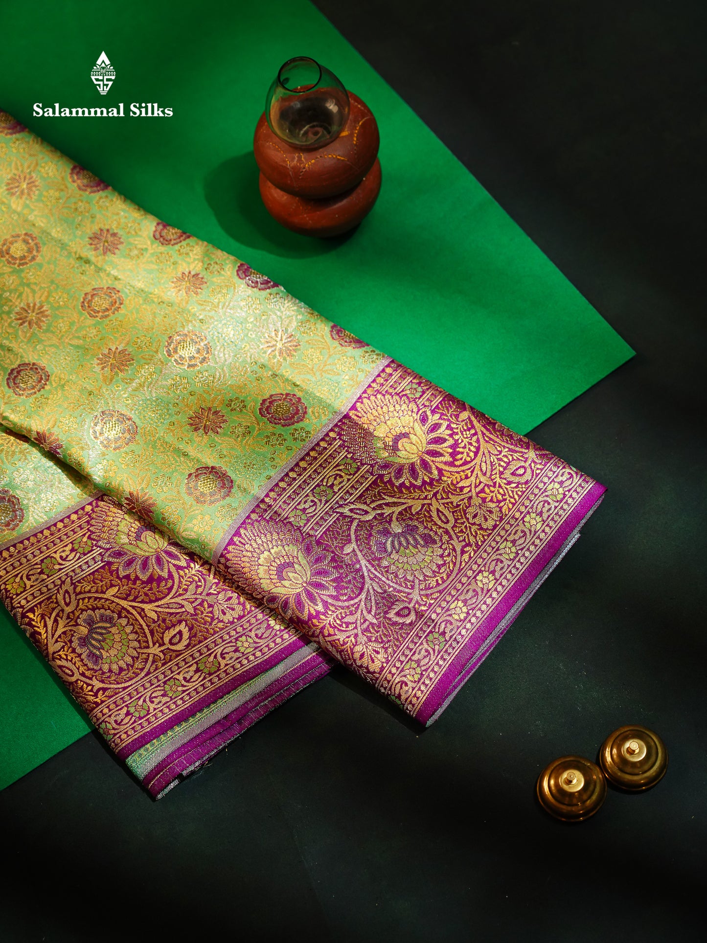 Beautiful Light Green Tissue Bridal Pure Kanjivaram Silk Saree With Contrast Dark Purple Menakari Work Border