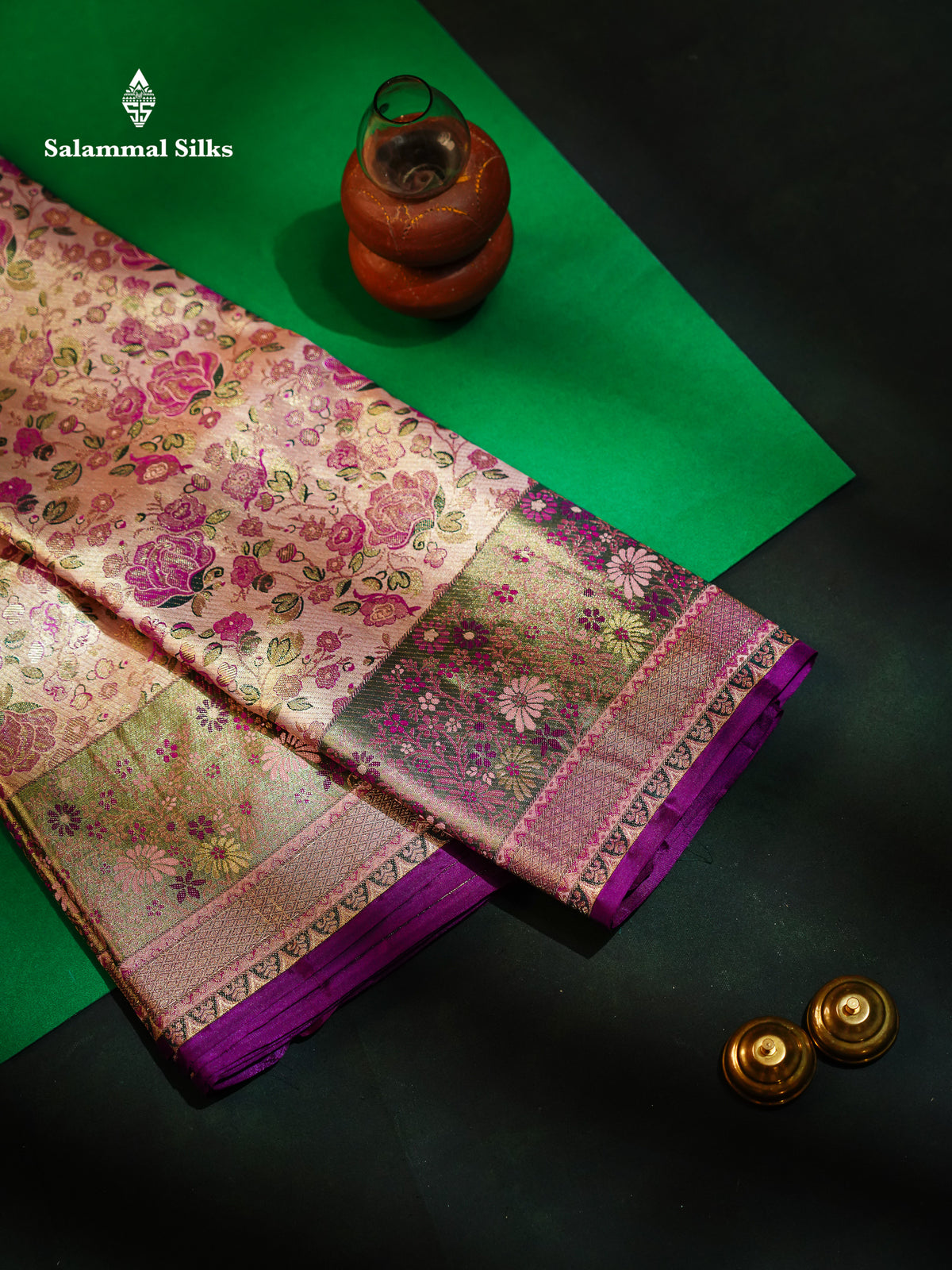 Beautiful Peach Tissue Menakari Work Bridal Pure Kanjivaram Silk Saree With Contrast Dark Purple Fancy Border