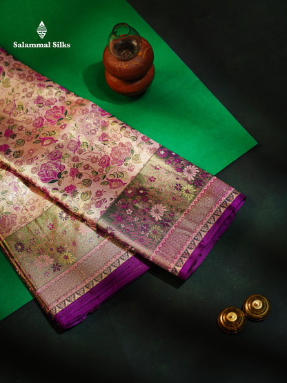 Beautiful Peach Tissue Menakari Work Bridal Pure Kanjivaram Silk Saree With Contrast Dark Purple Fancy Border