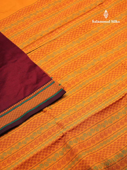 Beautiful Maroon Plain Semi Silk Cotton Saree With Yellow Traditional Thread Border