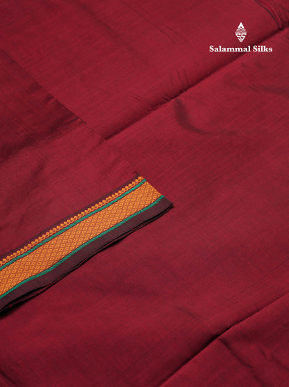 Beautiful Maroon Plain Semi Silk Cotton Saree With Yellow Traditional Thread Border