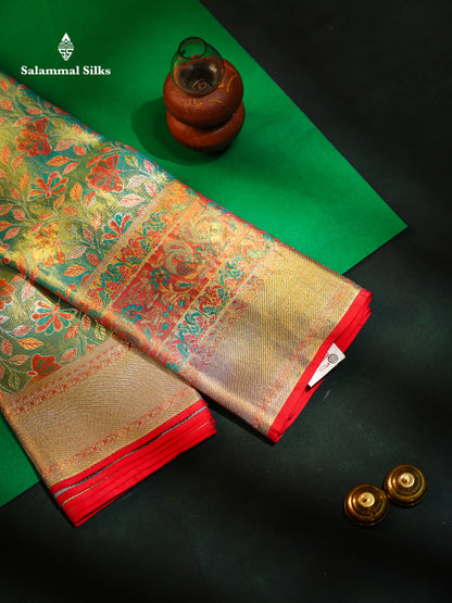 Sapphire Green Meenakari Work Beautiful Tissue Bridal Pure Kanjivaram Silk Saree With Paithani Border