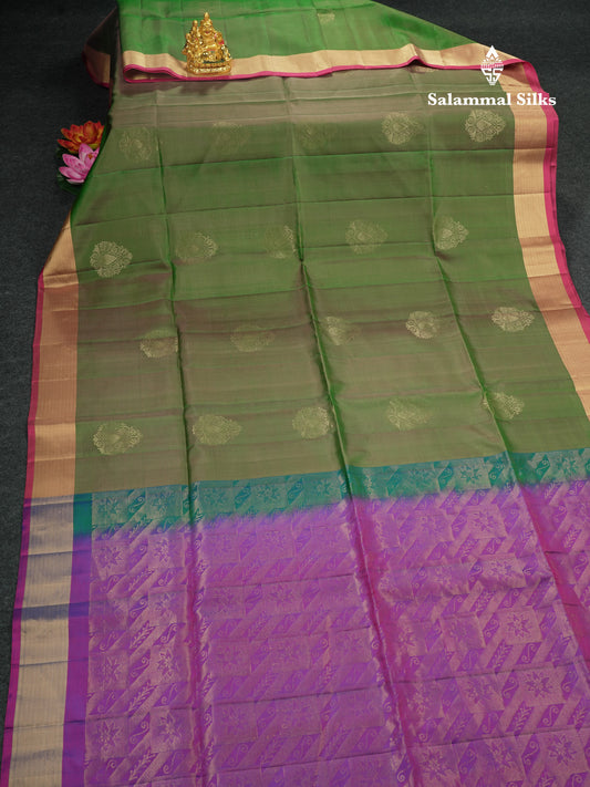 Beautiful Dual Tone Bottle Green Pure Kanjivaram Soft Silk Saree With Contrast Purple Blouse