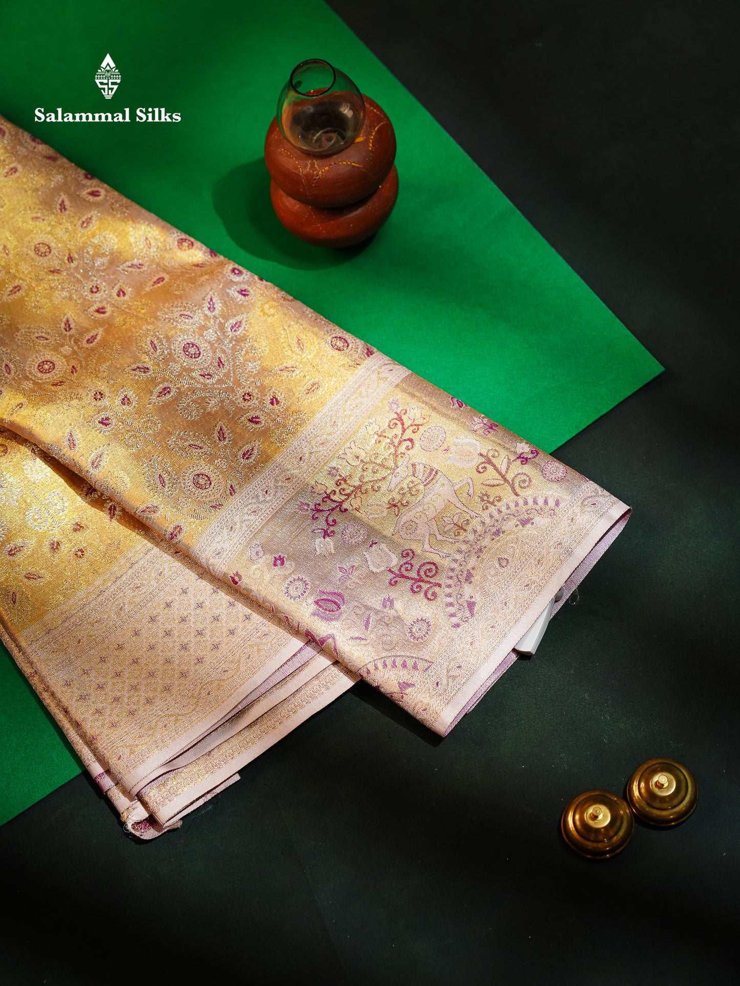 Beautiful Cream Sandal Tissue Bridal Pure Kanjivaram Silk Saree With Contrast Light Purple Fancy Border
