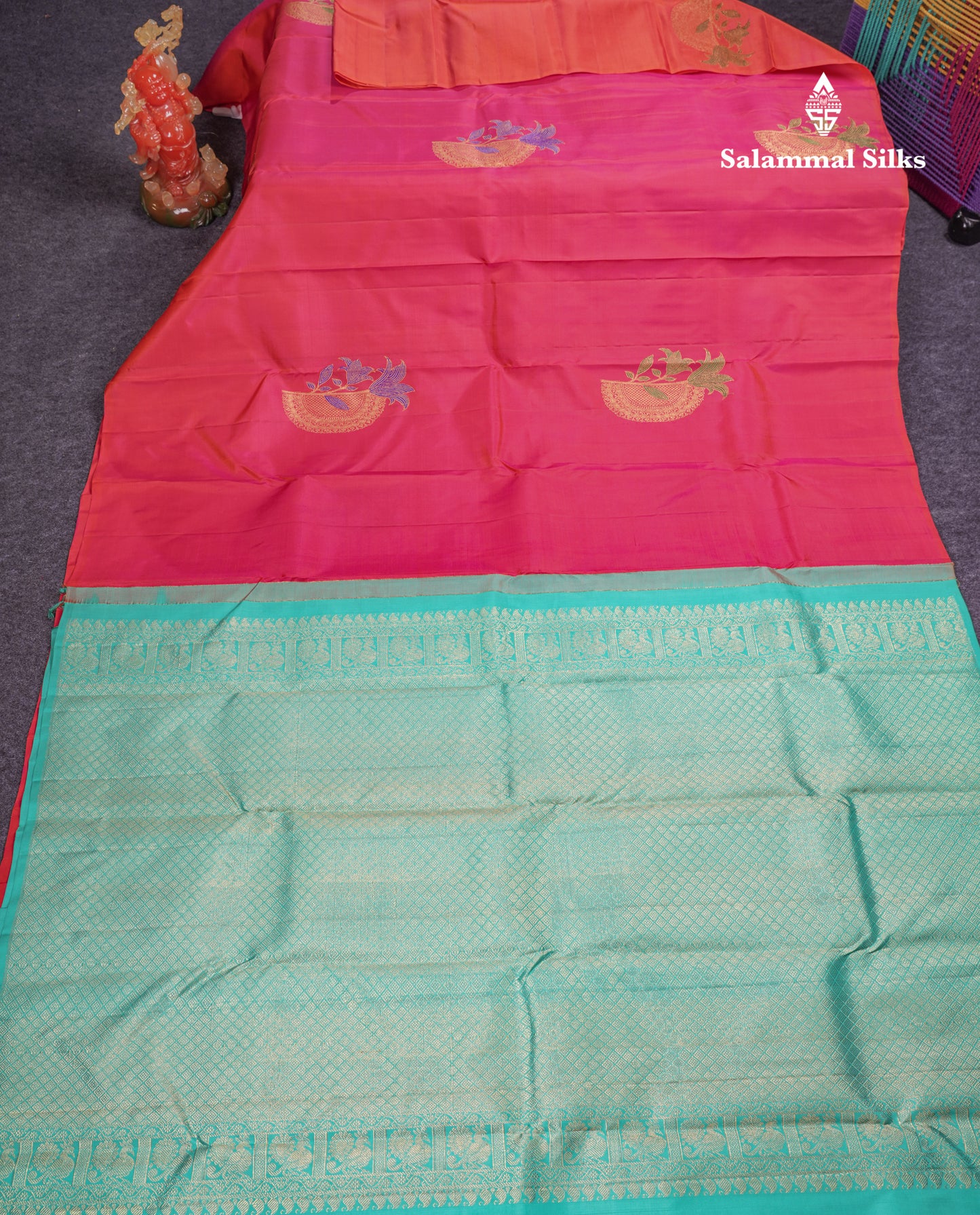 Beautiful Pinkish Orange Fancy Pure Kanjivaram Silk Saree With Contrast Sapphire Green Blouse