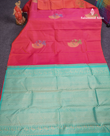 Beautiful Pinkish Orange Fancy Pure Kanjivaram Silk Saree With Contrast Sapphire Green Blouse