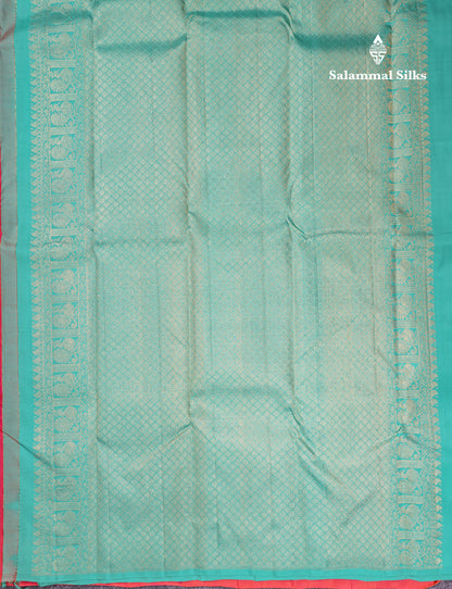 Beautiful Pinkish Orange Fancy Pure Kanjivaram Silk Saree With Contrast Sapphire Green Blouse