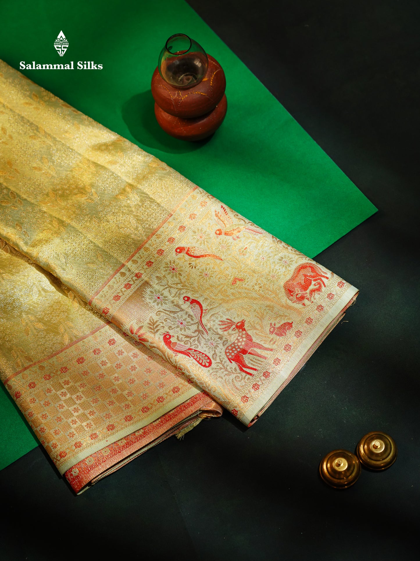 Beautiful Elaichi Green Tissue Bridal Pure Kanjivaram Silk Saree With Fancy Forest Theme Based Fancy Border