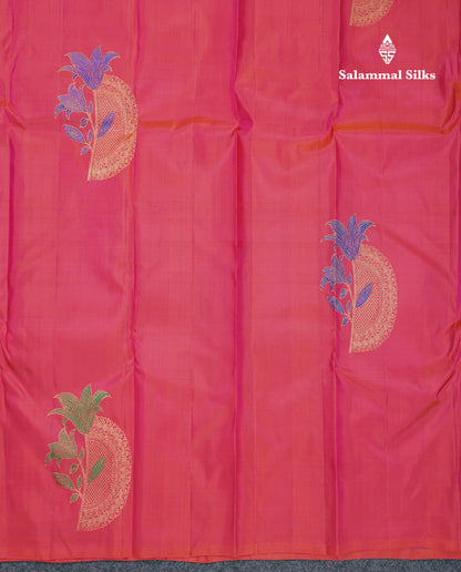 Beautiful Pinkish Orange Fancy Pure Kanjivaram Silk Saree With Contrast Sapphire Green Blouse