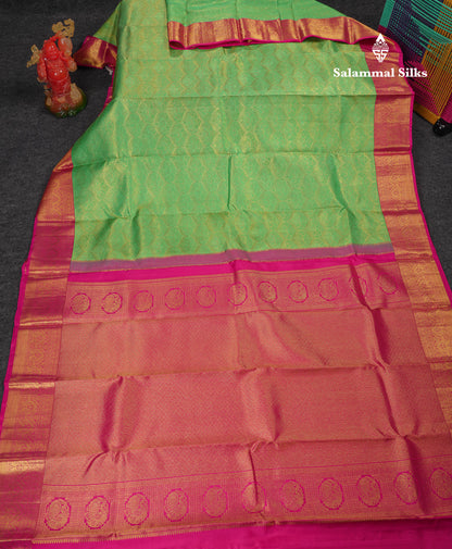 Beautiful Rexona Green Bridal Pure Kanjivaram Silk Saree With Contrast Pink Traditional Border