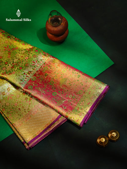 Beautiful Green Tissue Bridal Pure Kanjivaram Silk Saree With Contrast Pink Fancy Border