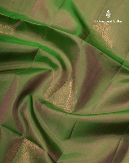 Beautiful Dual Tone Bottle Green Pure Kanjivaram Soft Silk Saree With Contrast Purple Blouse