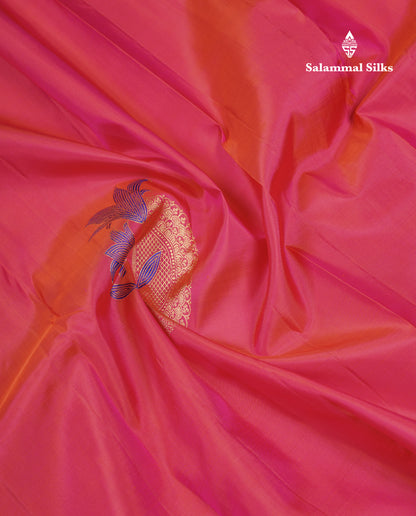Beautiful Pinkish Orange Fancy Pure Kanjivaram Silk Saree With Contrast Sapphire Green Blouse