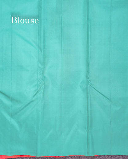 Beautiful Pinkish Orange Fancy Pure Kanjivaram Silk Saree With Contrast Sapphire Green Blouse