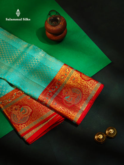 Beautiful Sapphire Green Bridal Pure Kanjivaram Silk Saree With Contrast Reddish Maroon Menakari Work Fancy Border