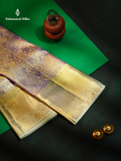 Beautiful Light Lavender Tissue Bridal Pure Kanjivaram Silk Saree With Contrast Pista Green Border