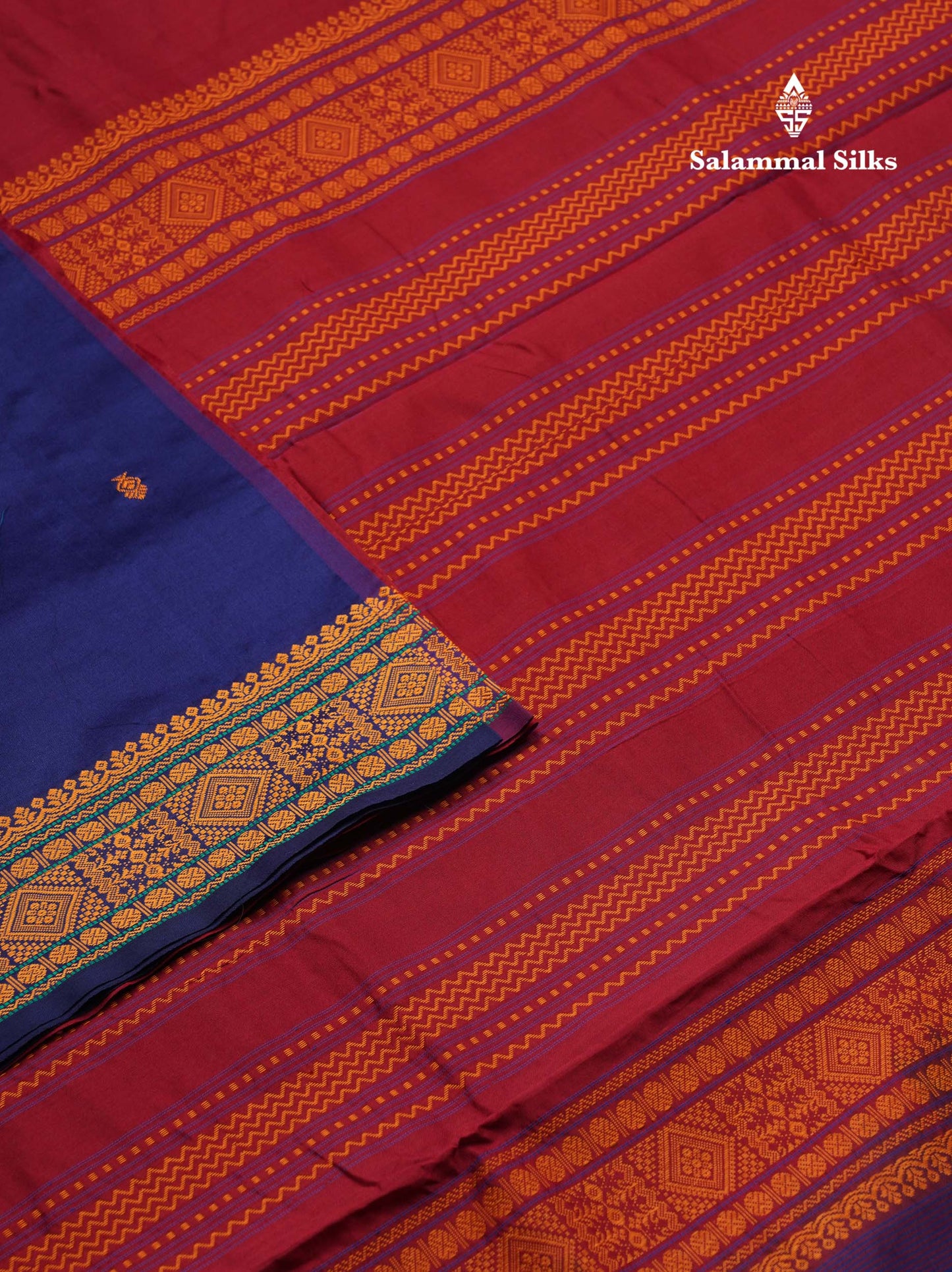 Beautiful Navy Blue Thread Work Buttas Semi Silk Cotton Saree With Maroon Blouse