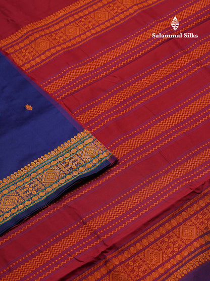 Beautiful Navy Blue Thread Work Buttas Semi Silk Cotton Saree With Maroon Blouse