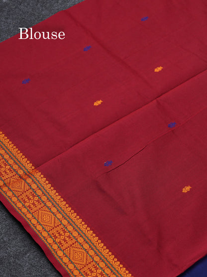 Beautiful Navy Blue Thread Work Buttas Semi Silk Cotton Saree With Maroon Blouse
