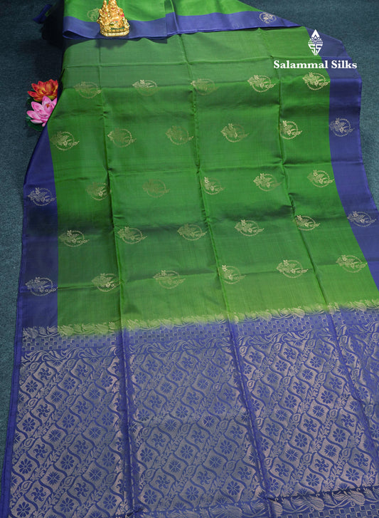 Beautiful Army Green Pure Kanjivaram Soft Silk Saree With Contrast Navy Blue Border