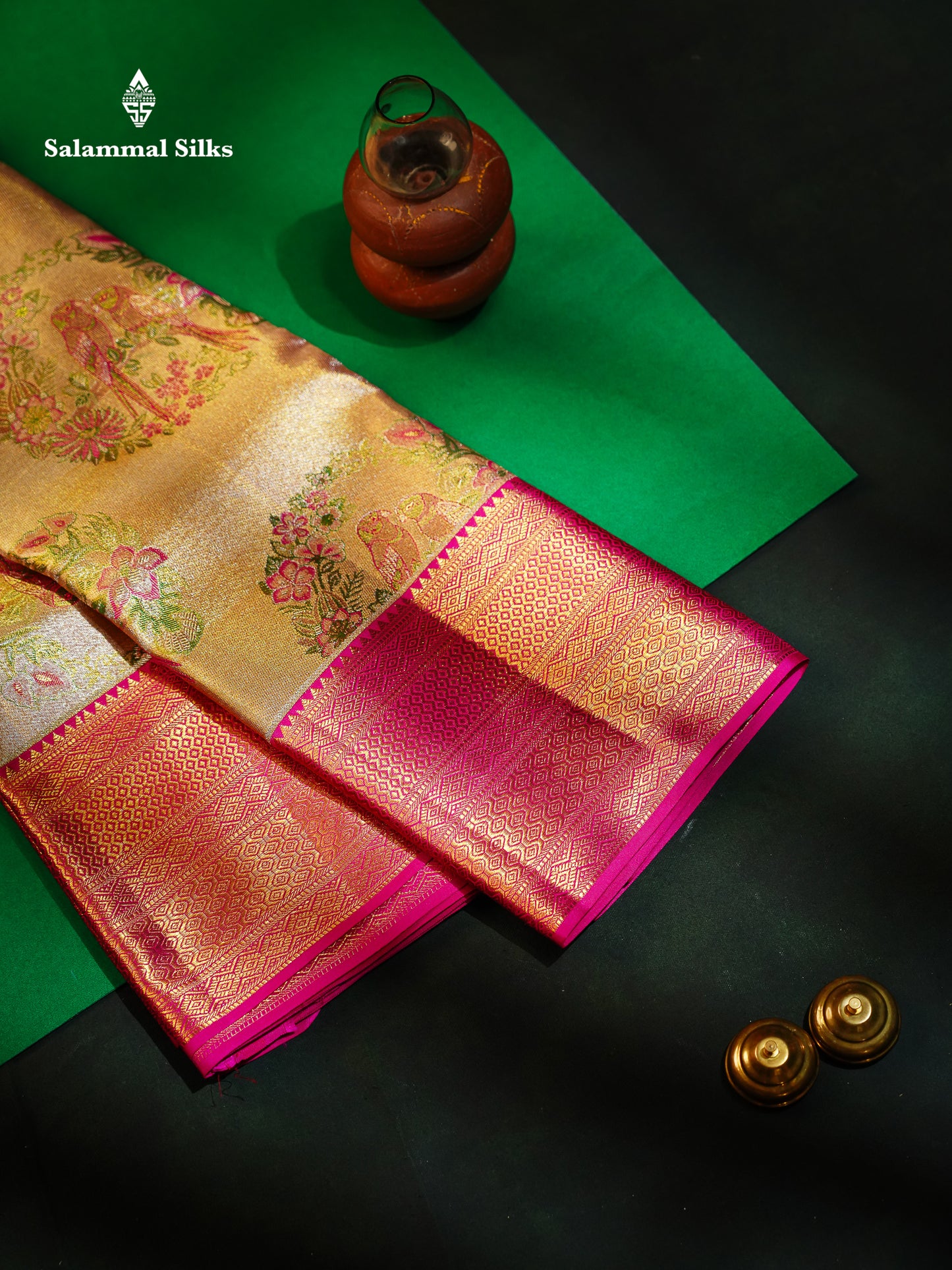 Beautiful Gold Tissue Bridal Pure Kanjivaram Silk Saree With Contrast Pink Traditional Border