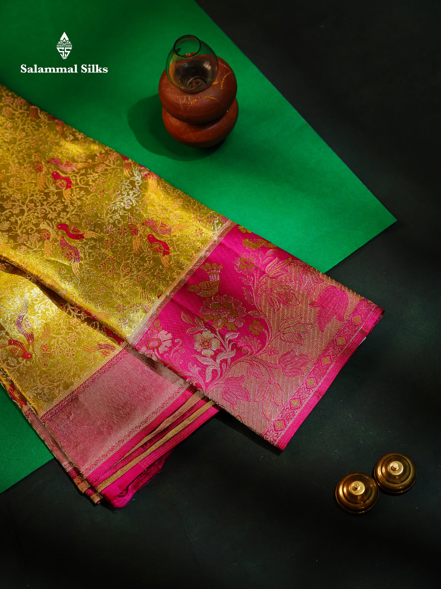 Beautiful Manthulir Green Menakari Work Tissue Bridal Pure Kanjivaram Silk Saree With Contrast Pink Fancy Evening Morning Border