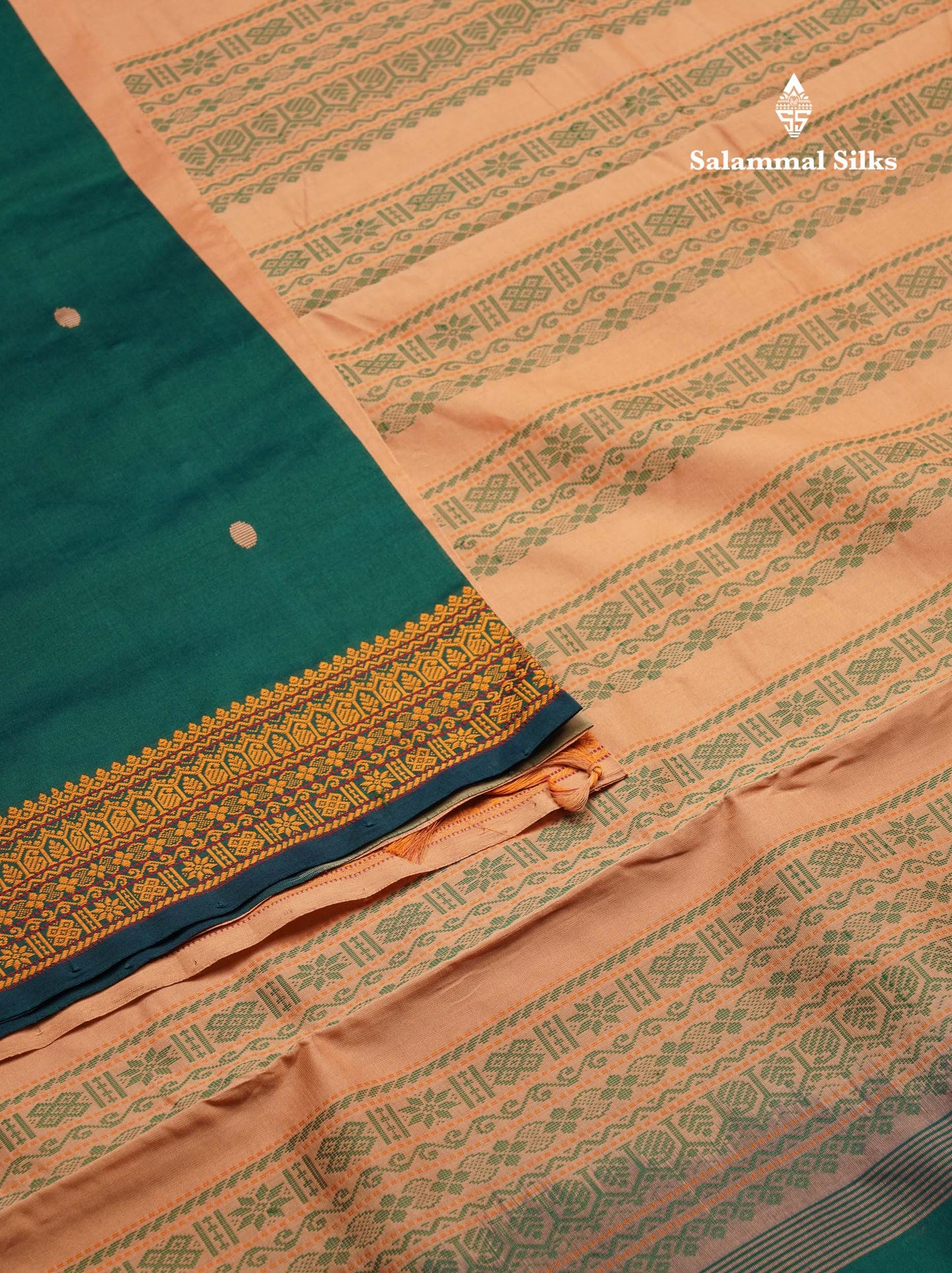 Beautiful Bottle Green Thread Buttas Handloom Semi Silk Cotton Saree With Yellow Traditional Thread Border