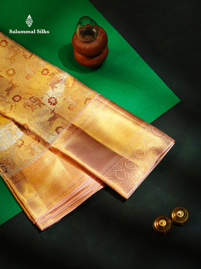 Beautiful Gold Tissue Bridal Vanasingaram Pure Kanjivaram Silk Saree With Contrast Peach Traditional Evening Morning Border
